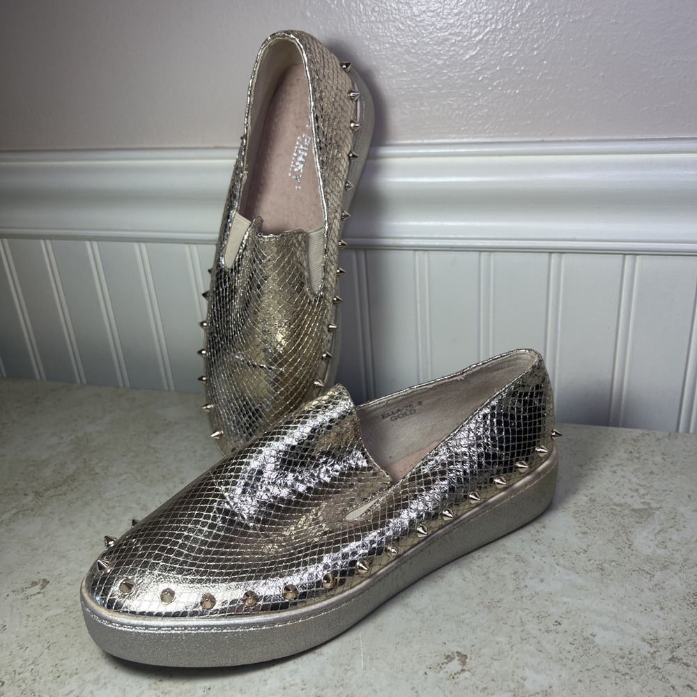 Via Pinky Metallic Gold‎ Studded Python-Print Slip-On Sneakers Size 8 Ella-26